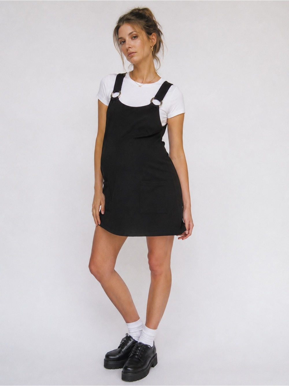 Sexy Mama Maternity Black Mini Jumper Dress Ring Strap‎ Pocket Pinafore Stretchy